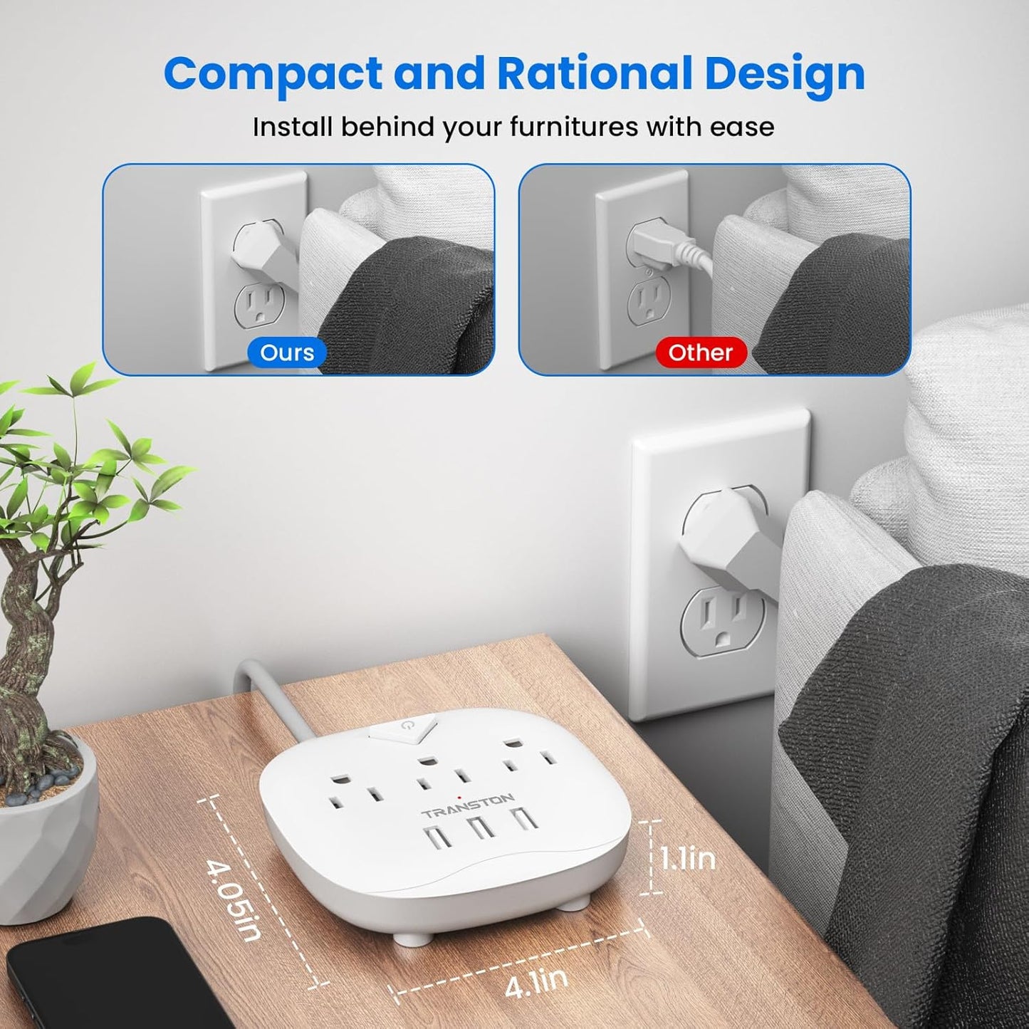 Plug Party Central: 3 Outlets, 3 USBs, and 5 Feet of Freedom – Perfect for Nightstand Shenanigans, Office Hoedowns, and Travel Tangles!