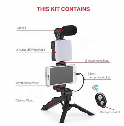 Giggle-Worthy Smartphone Vlogging Kit: Tripod For Your Phone, Tiny Mic For Your Biggest Dreams, and LED Light to Shine Brighter Than Your Ex's Future! Perfect for TikTok Shenanigans and YouTube Stardom!